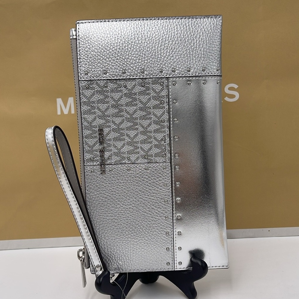 Michael Kors Jet ST Lg TZ Studded Metallic Patchwork and Signature Logo Wristlet